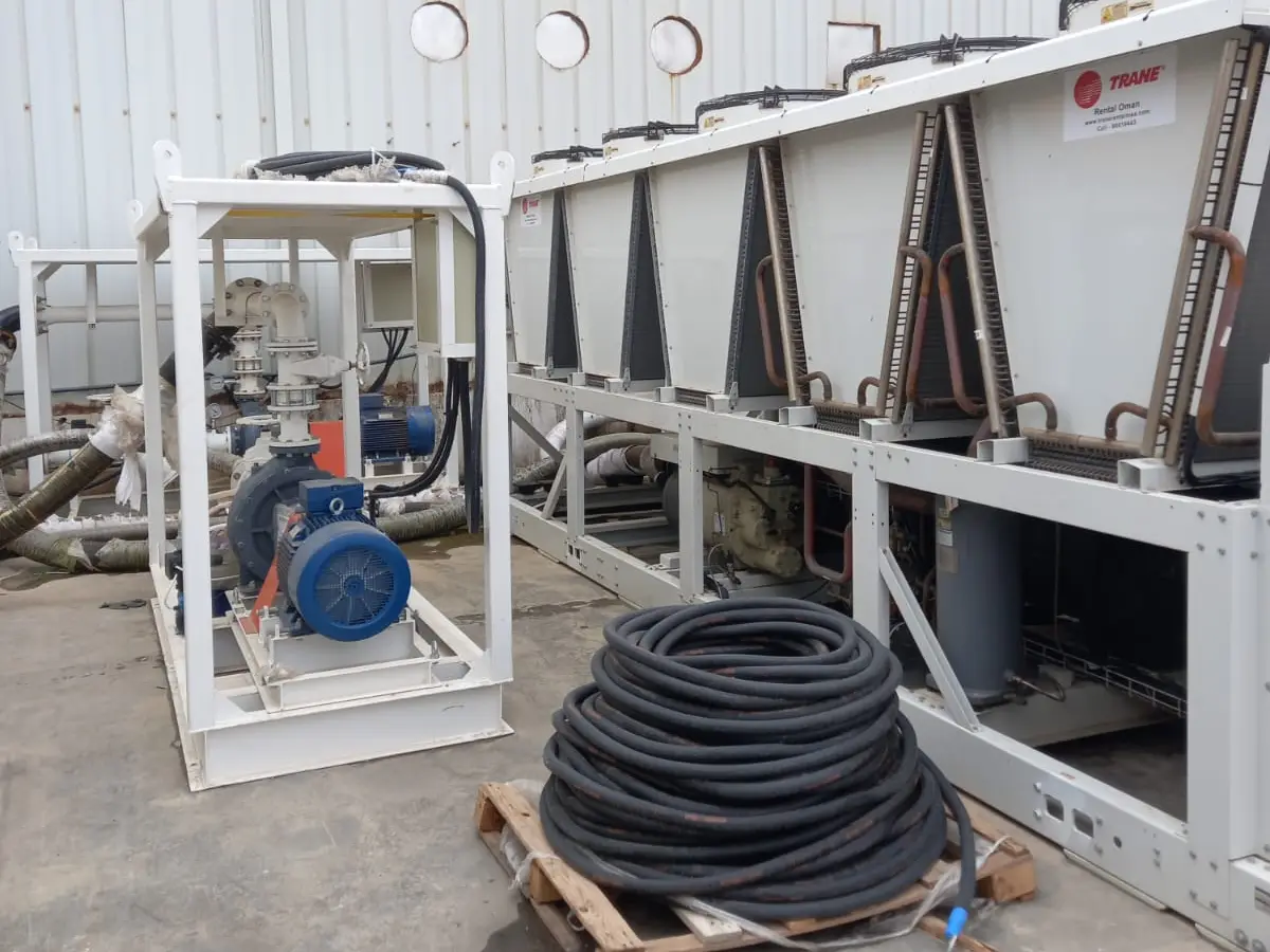 Chiller plant with pump skid and cable ready for connection