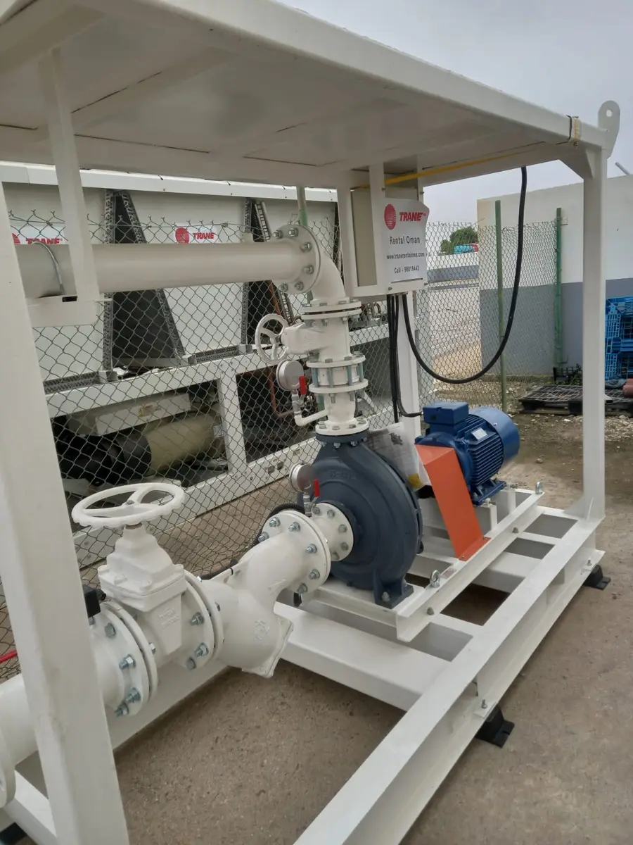 Chilled water pump skid with valves, strainer and motor